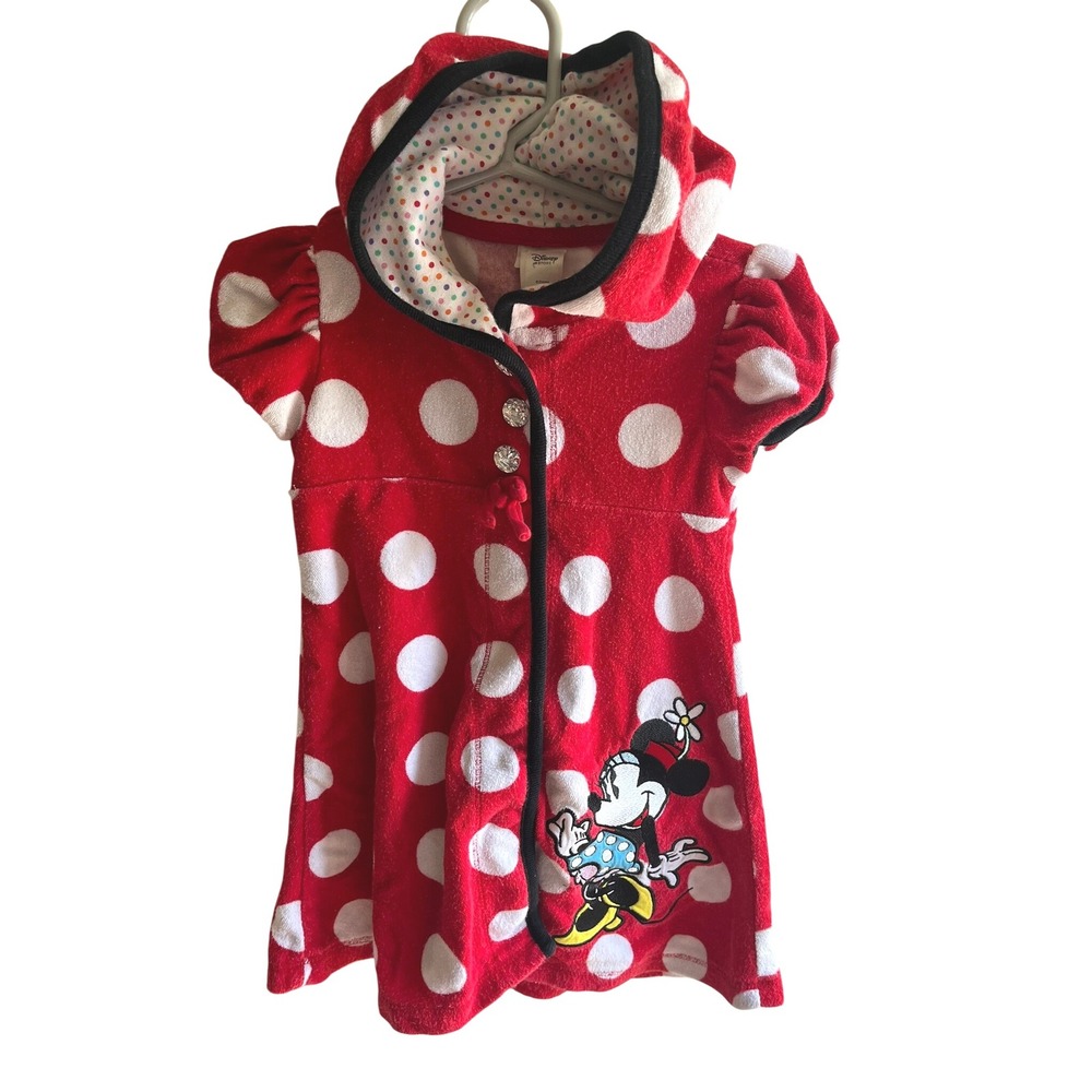 Disney Minnie Mouse Hooded‎ Terry Cloth Cover Up Red Polka Dot Rhinestone 2/3T
